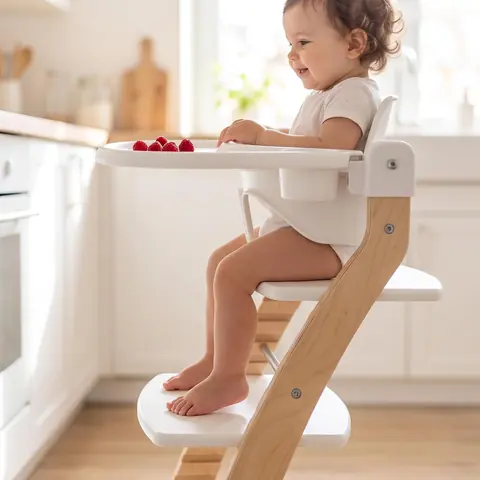 Baby seated in the Fornel chair with the Baby Set and tray