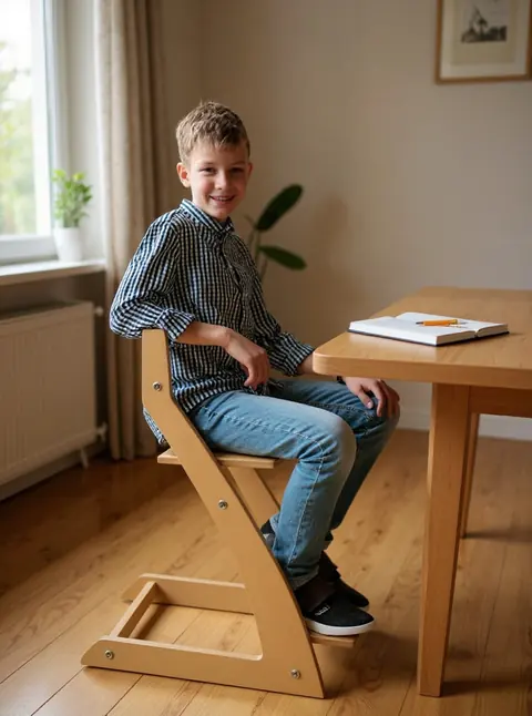 School-age boy at a table with a notebook, sitting in the Natural Fornel chair