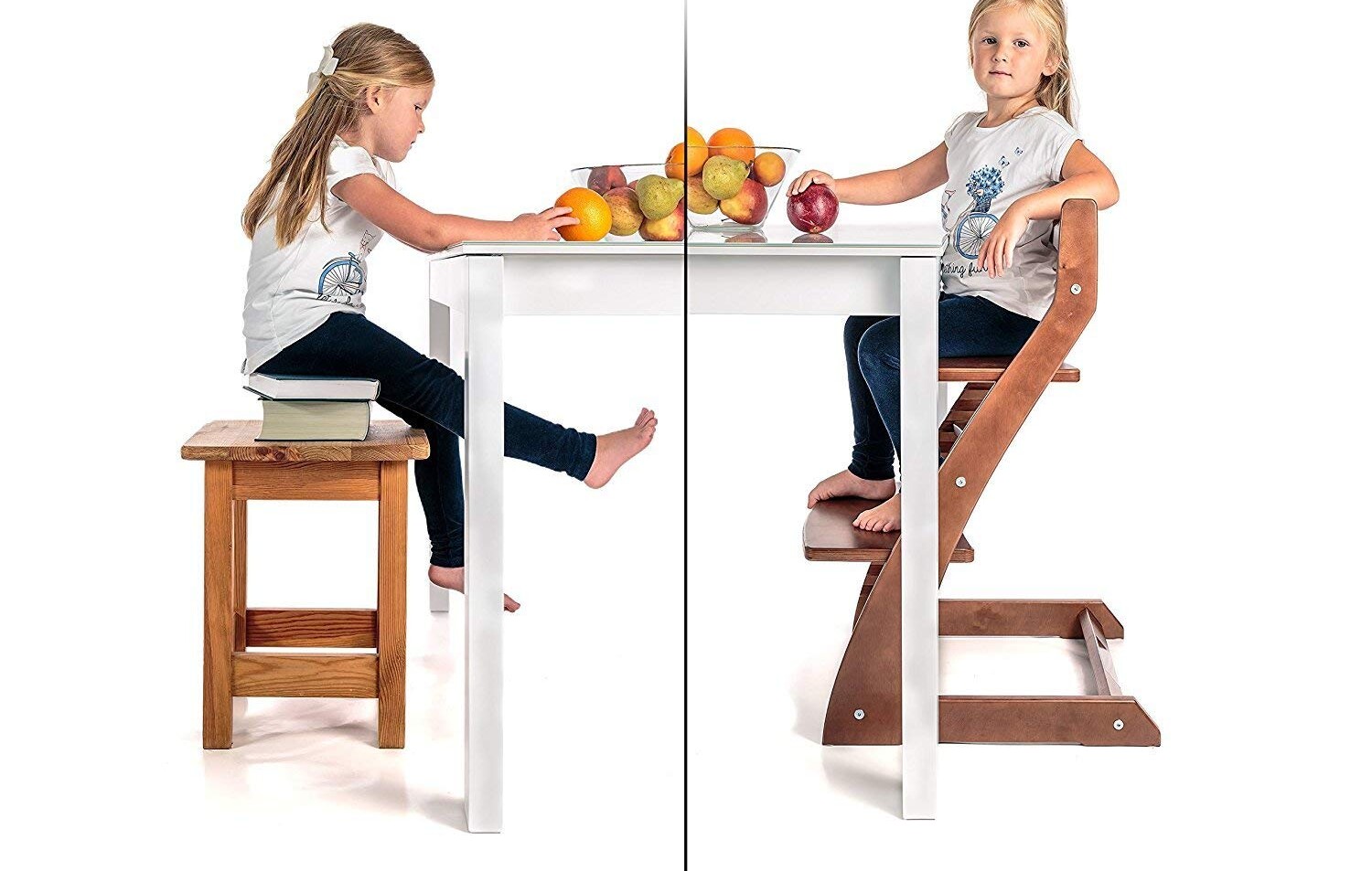 Side-by-side comparison showing a child with unsupported feet on a regular chair versus proper posture with foot support in a Fornel high chair