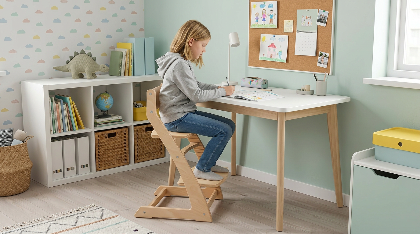 Child studying at desk in Fornel adjustable chair
